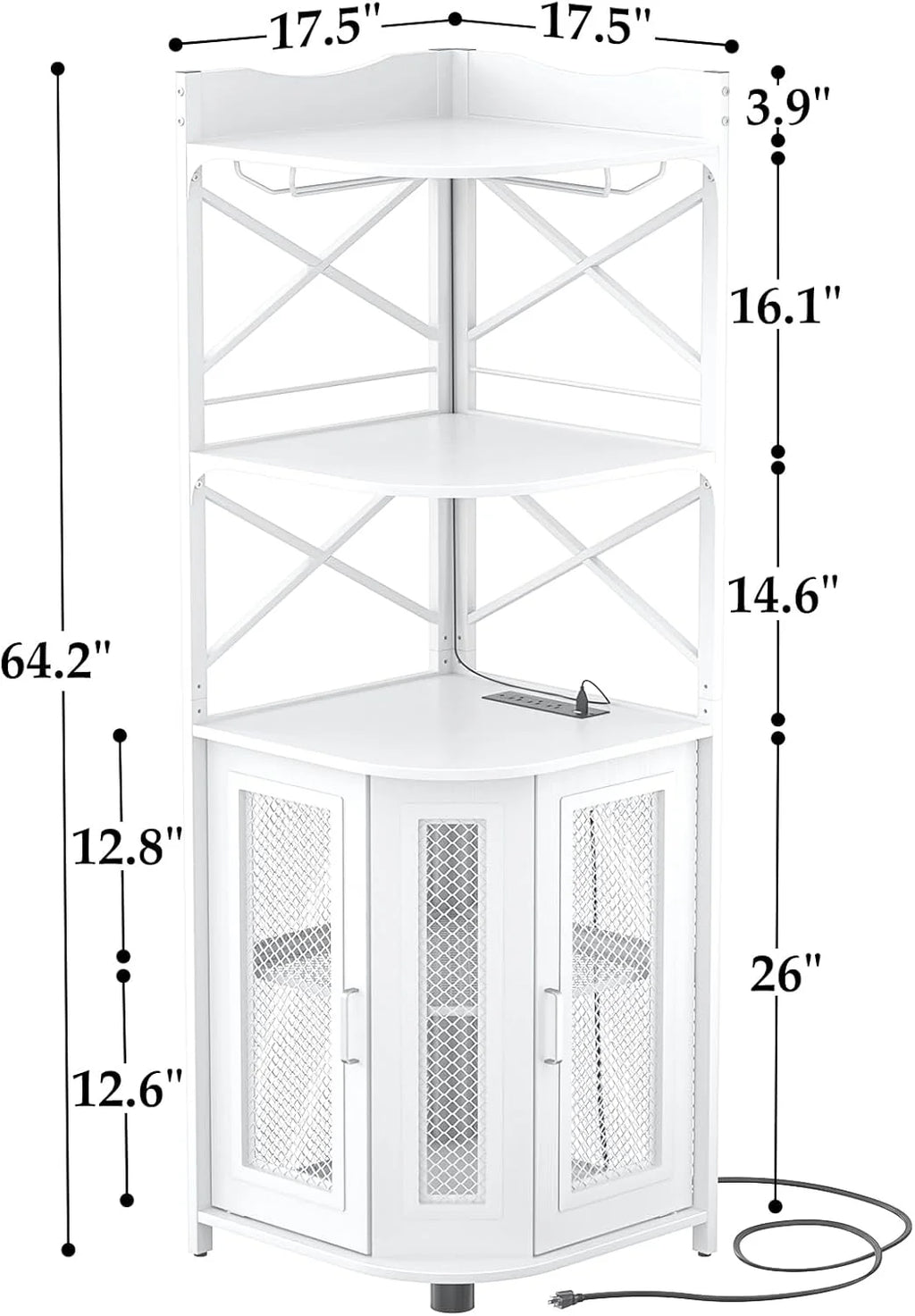 Aheaplus Corner Bar Cabinet with Power Outlet, Industrial Wine Cabinet with LED Strip and Glass Holder, 5-Tiers Liquor Cabinet Bar Unit for Home, Corner Display Cabinet for Small Space, White Oak