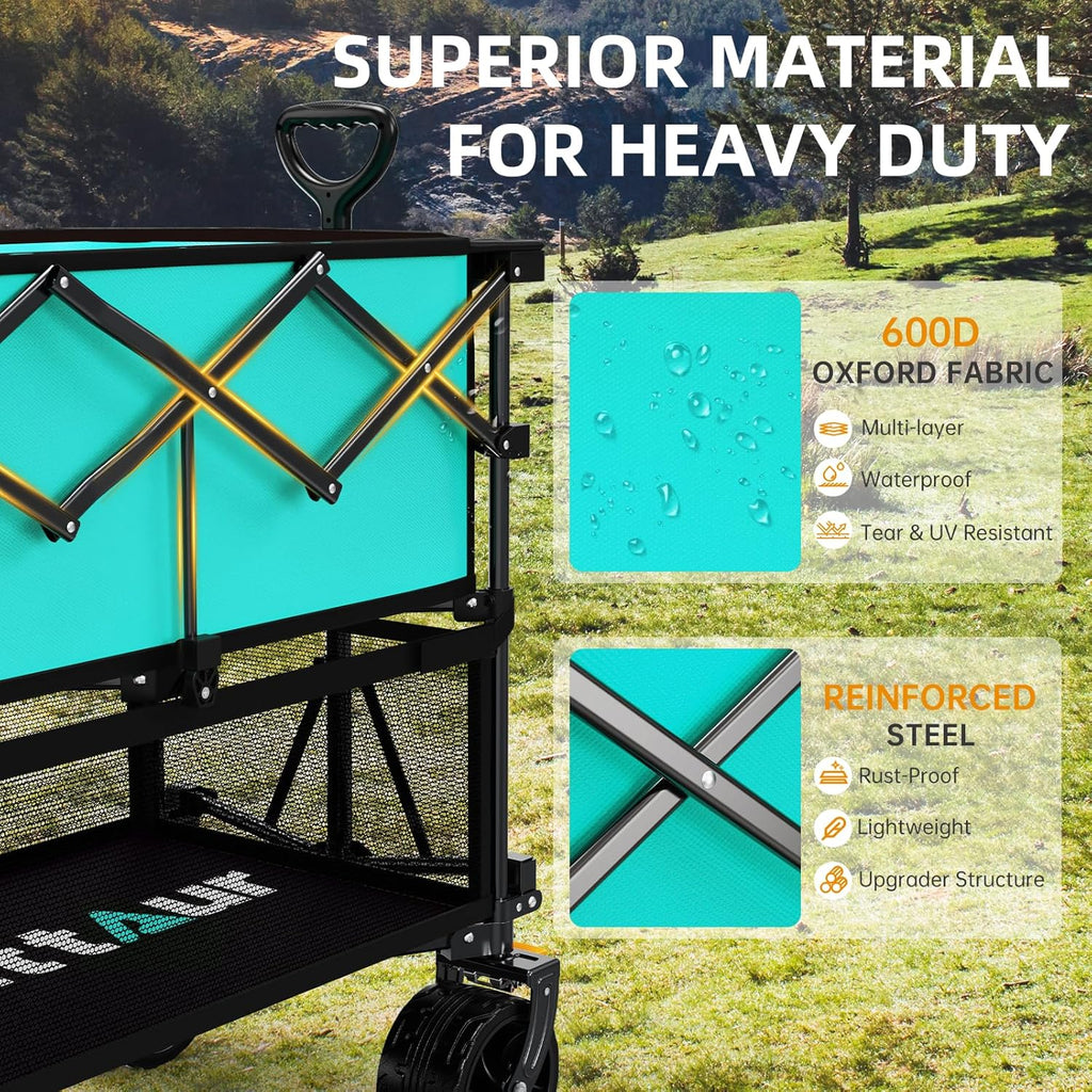Foldable 50''L Extra Long Double Decker Wagon for Sport 400L Collapsible Heavy Duty Wagon Cart