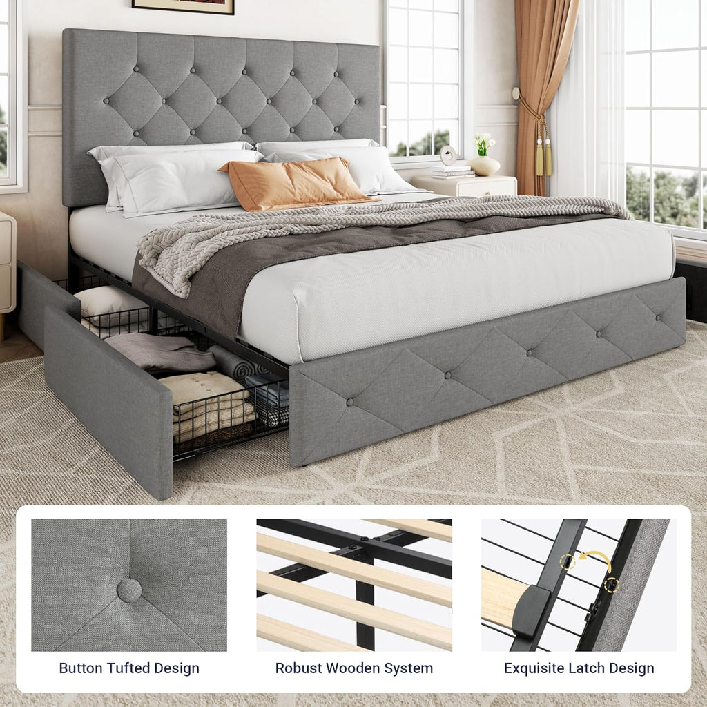 Allewie Upholstered Queen Size Platform Bed Frame with 4 Storage Drawers and Headboard