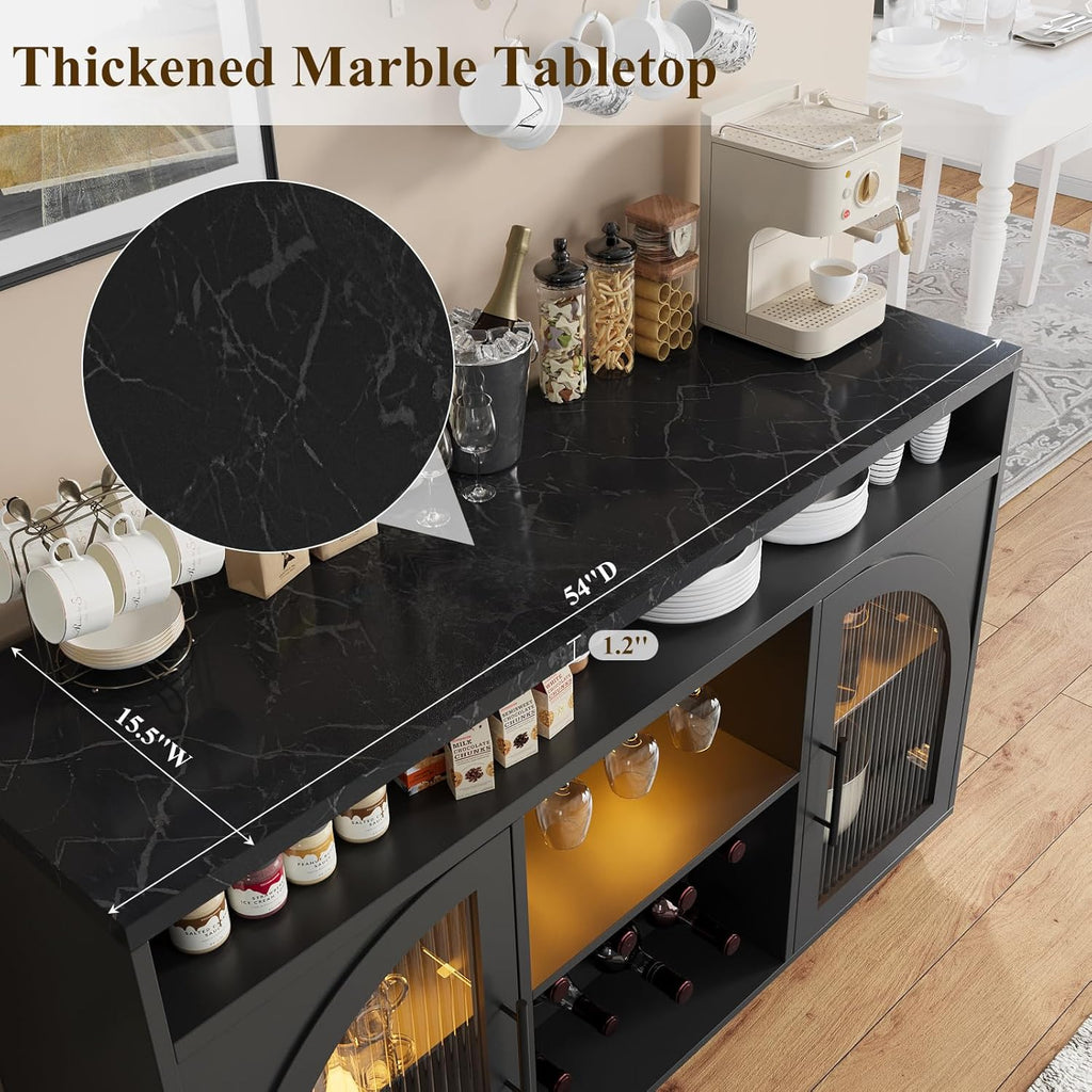 Sideboard 54-inch kitchen cabinet with LED lights and arched glass doors tall bar cabinet