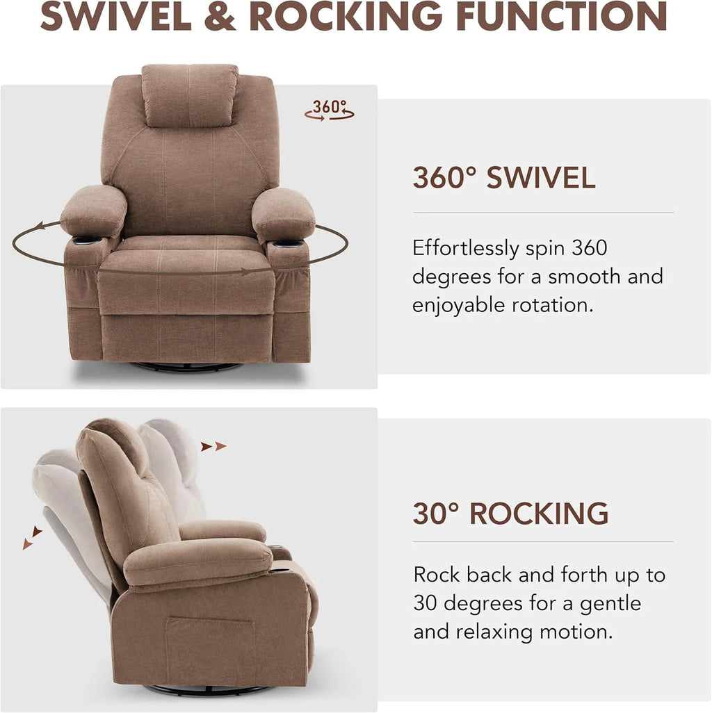 Large Swivel Rocking Recliner with Heating and Massage Function, 360 Degree Swivel Rocking Single Sofa