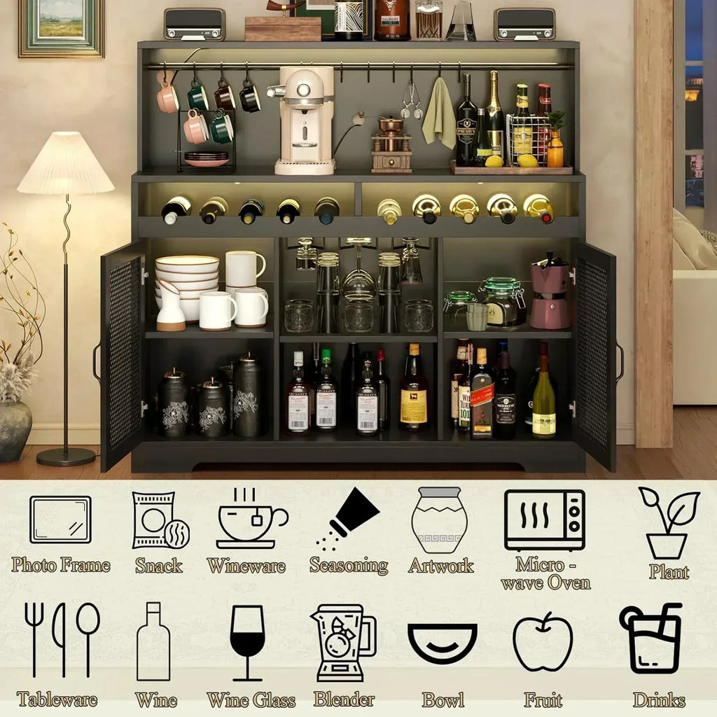 Wine Bar Cabinet with LED Light Liquor Cabinet with Glass Holder Coffee Bar for Liquor