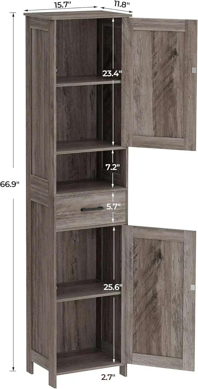 Homhedy 67 H Tall Bathroom Storage Cabinet with 2 Barn Doors and 1 Drawer Narrow Storage Unit