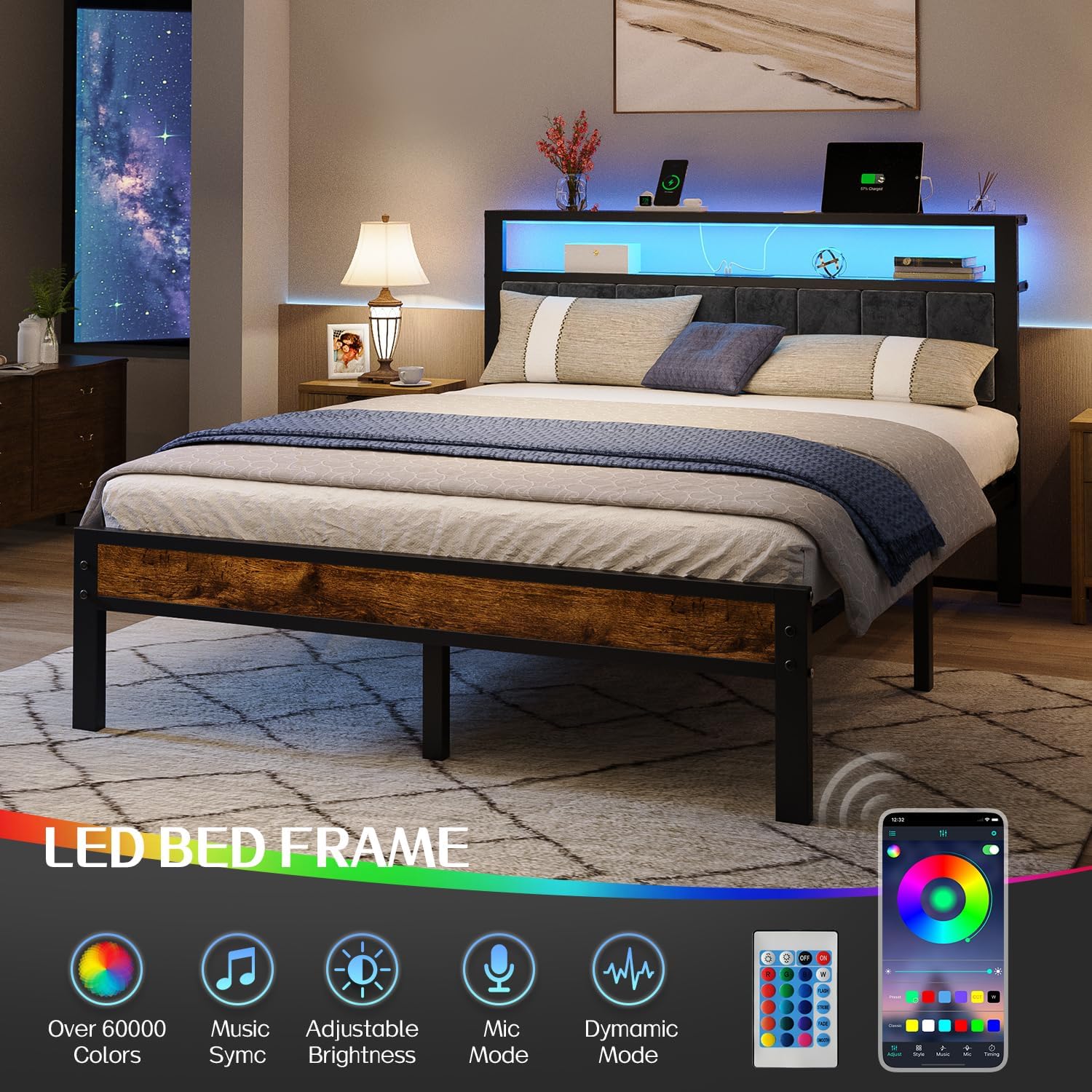 Queen Size Bed Frame with 2-Tier Storage Shelves Headboard Platform Bed Charging Station