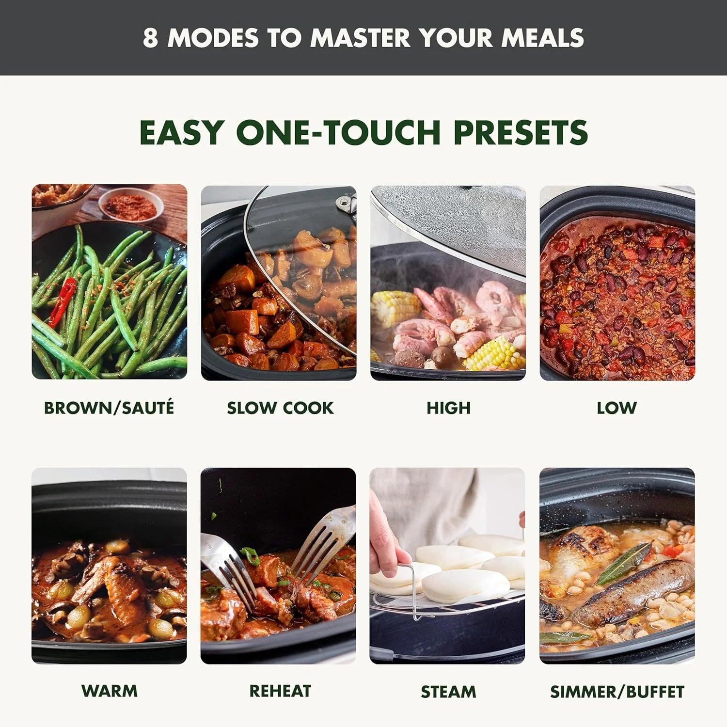 8-in-1 Programmable 6QT Electric Slow Cooker with Dishwasher-Safe Lid and Removable Base