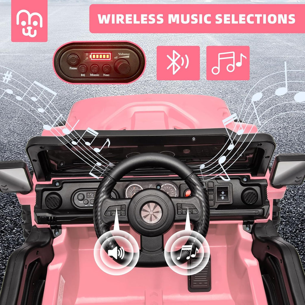 12V Kids Electric Ride on Truck Car Remote Control, Twin 35W Motors 3.5MPH Max Speed, Bluetooth USB Music Player, 4 Wheels Suspension LED Lights Safety Belt, Gift for Boy & Girl-Rosy