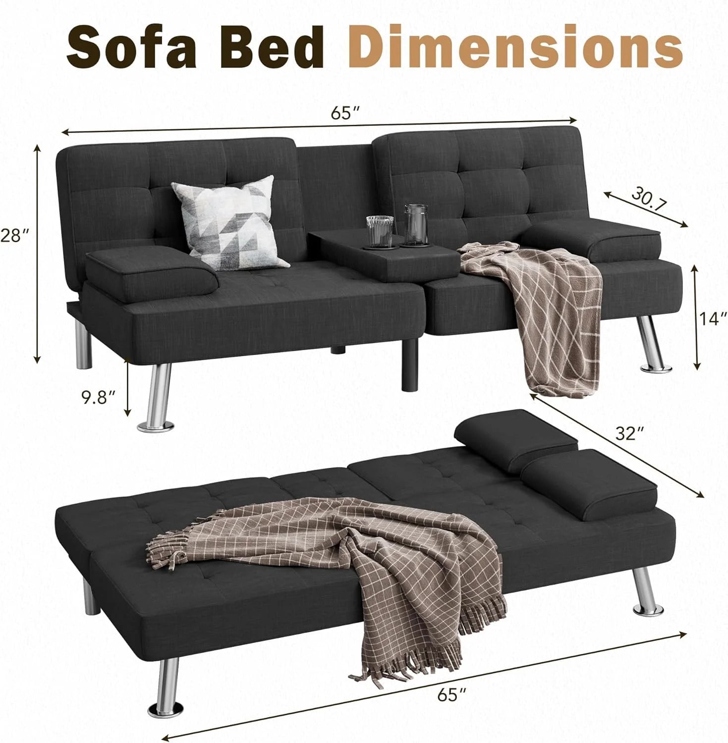 Shahoo Modern Linen Upholstered Convertible Folding Futon Sofa Bed with Removable Armrests