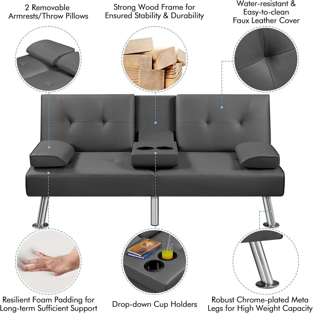 Yaheetech Convertible Sofa Bed Adjustable Couch Sleeper Modern Faux Leather Home Recliner Reversible Loveseat Folding Daybed Guest Bed, Removable Armrests, Cup Holders, 3 Angles, 772lb Capacity, Brown