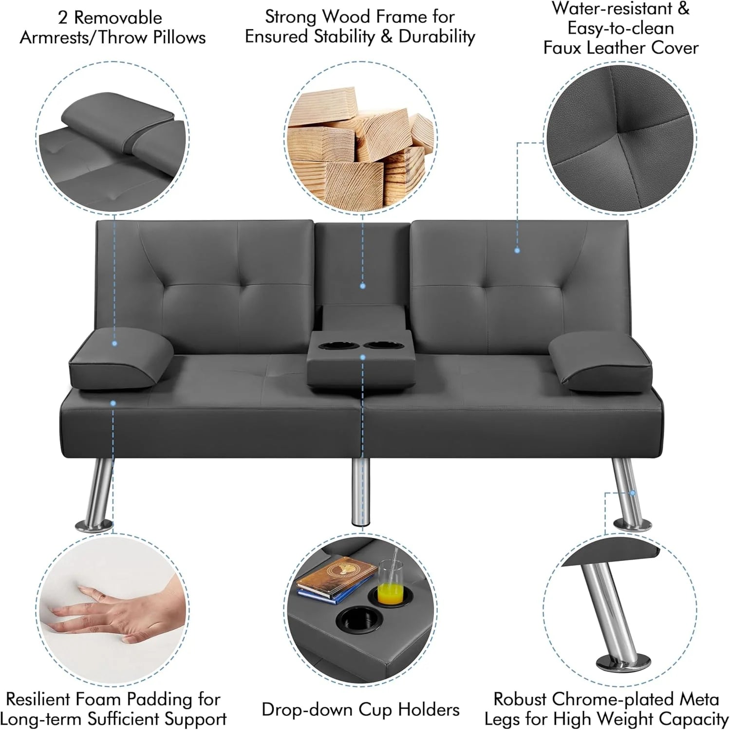 Yaheetech Convertible Sofa Bed Adjustable Couch Sleeper Modern Faux Leather Home Recliner Reversible Loveseat Folding Daybed Guest Bed, Removable Armrests, Cup Holders, 3 Angles, 772lb Capacity, Brown