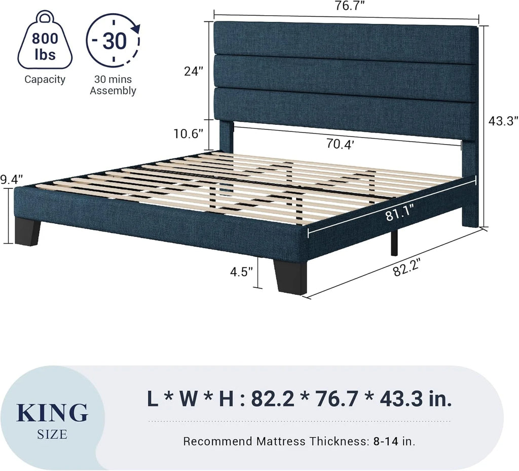 Allewie Queen Size Platform Bed Frame Fabric Upholstered Headboard Wooden Slats Support