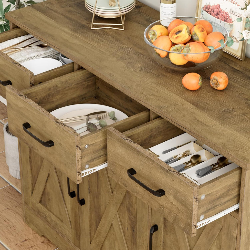 Modern farmhouse sideboard, barn door buffet storage cabinet with drawers and shelves, wooden coffee bar with storage