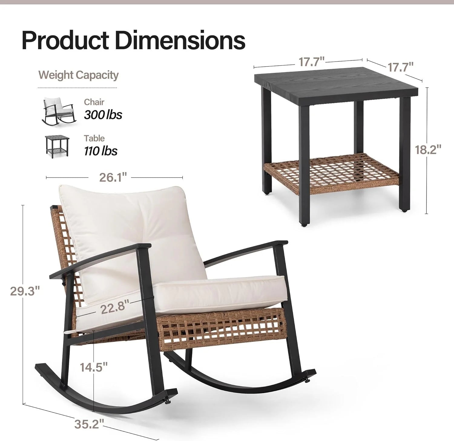 LAUSAINT HOME 3 Piece Rocking Bistro Set Outdoor Patio Furniture Oversize Rattan Conversation Set