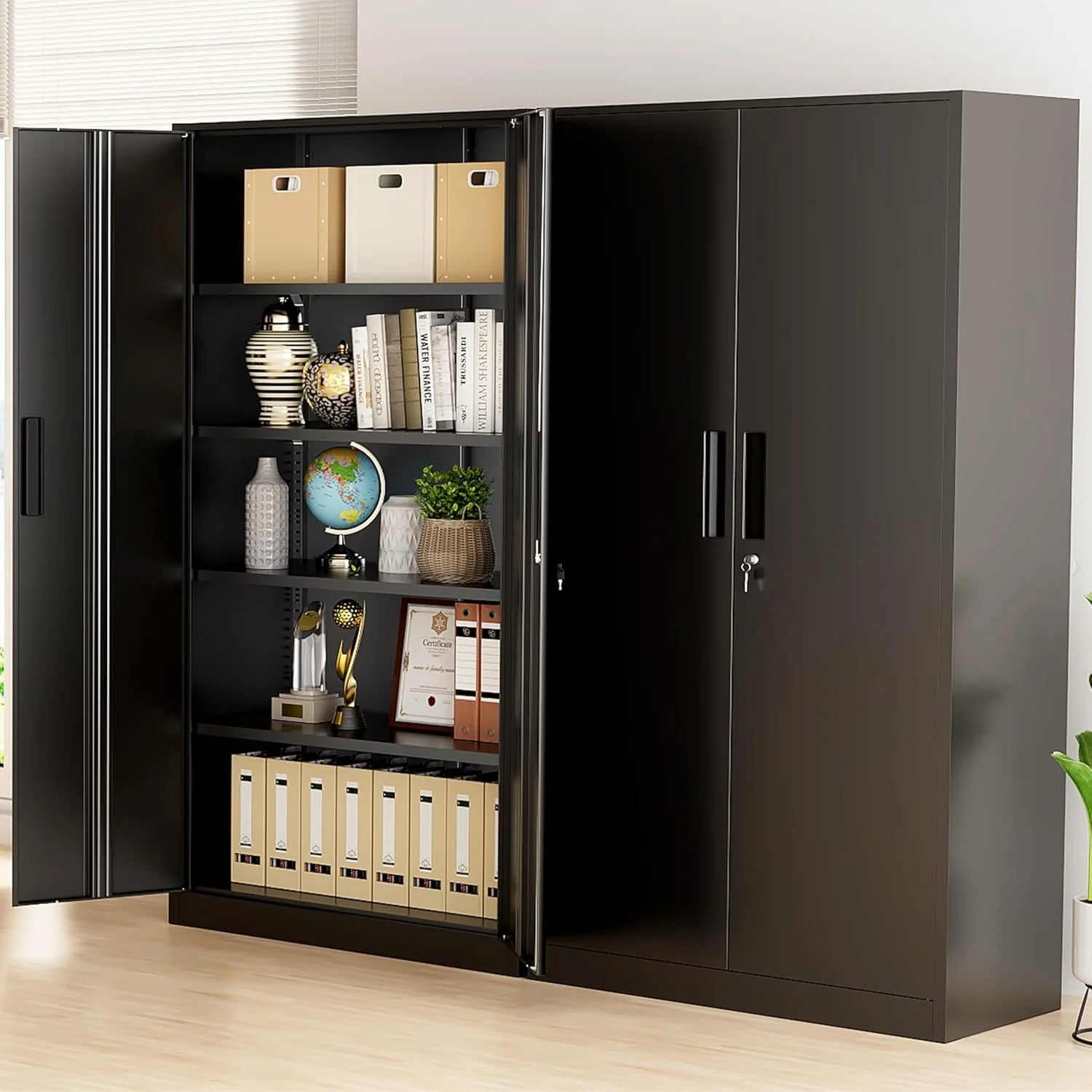 Greenvelly Metal Storage Cabinet, 72 Black Locking Metal Cabinet with 2 Doors and 4 Adjustable Shelves, Lockable Garage Storage Cabinets for Home Office, Garage, Kitchen, Living Room