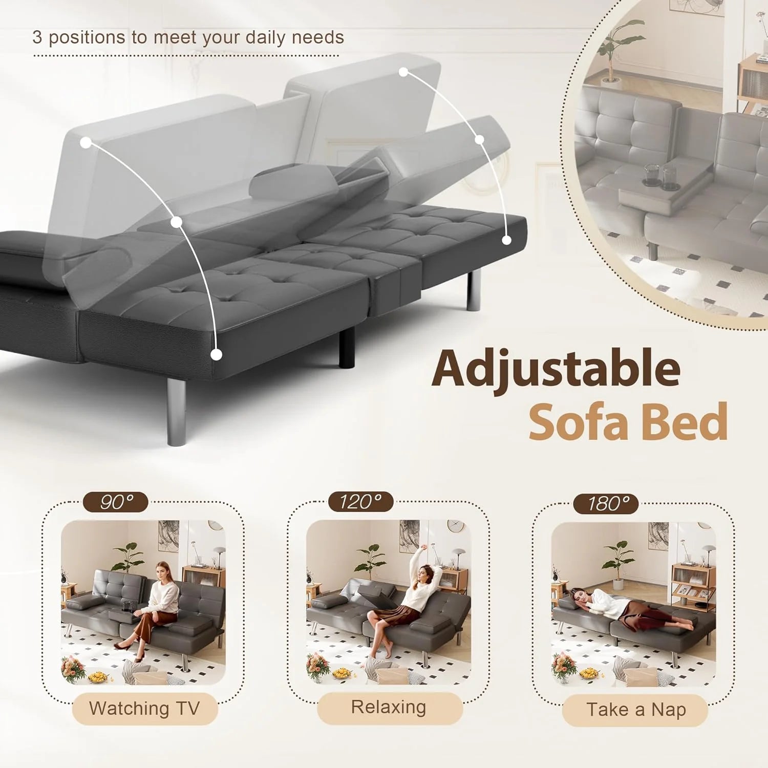 Shahoo Convertible Folding Futon Sofa Bed Sleeper Couch for Living Room Faux Leather