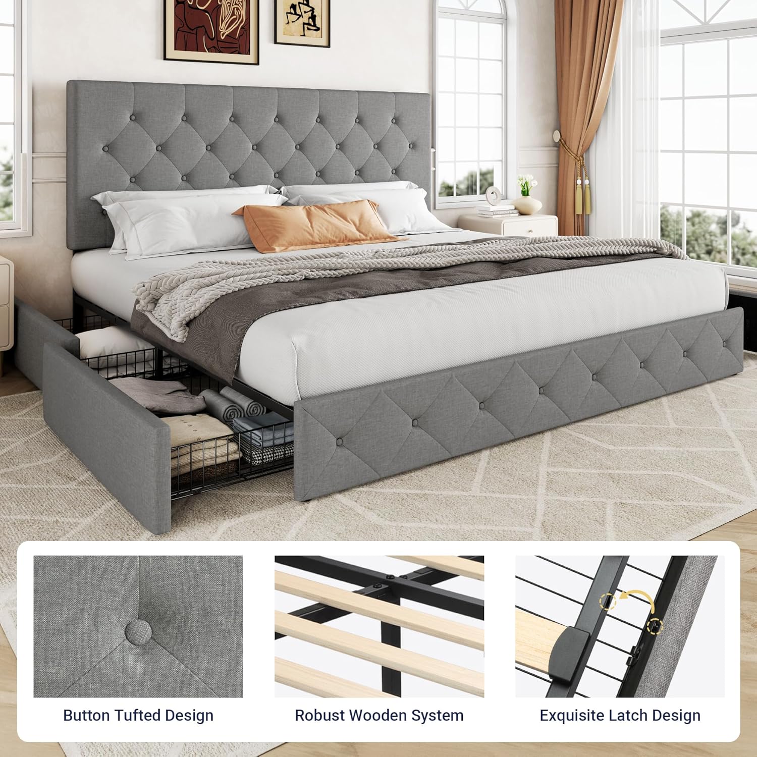 Allewie Upholstered Queen Size Platform Bed Frame with 4 Storage Drawers and Headboard