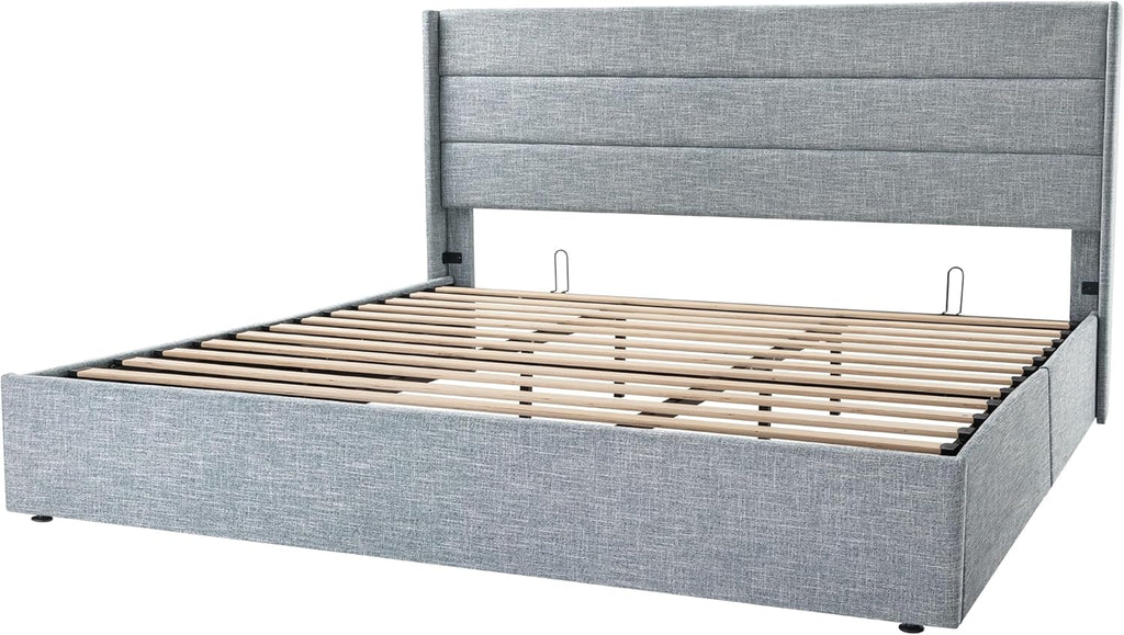 Allewie Queen Size Lift Up Storage Bed Modern Wingback Headboard Hydraulic Support