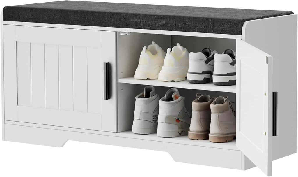 2-Tier Storage Bench, Shoe Bench with Thickened Padded Seat Cushion, Entryway Bench with 4 Doors, Adjustable Shelf, 13.8 D x 45.3 W x 18.5 H, for Entryway, Living Room, Bedroom, White