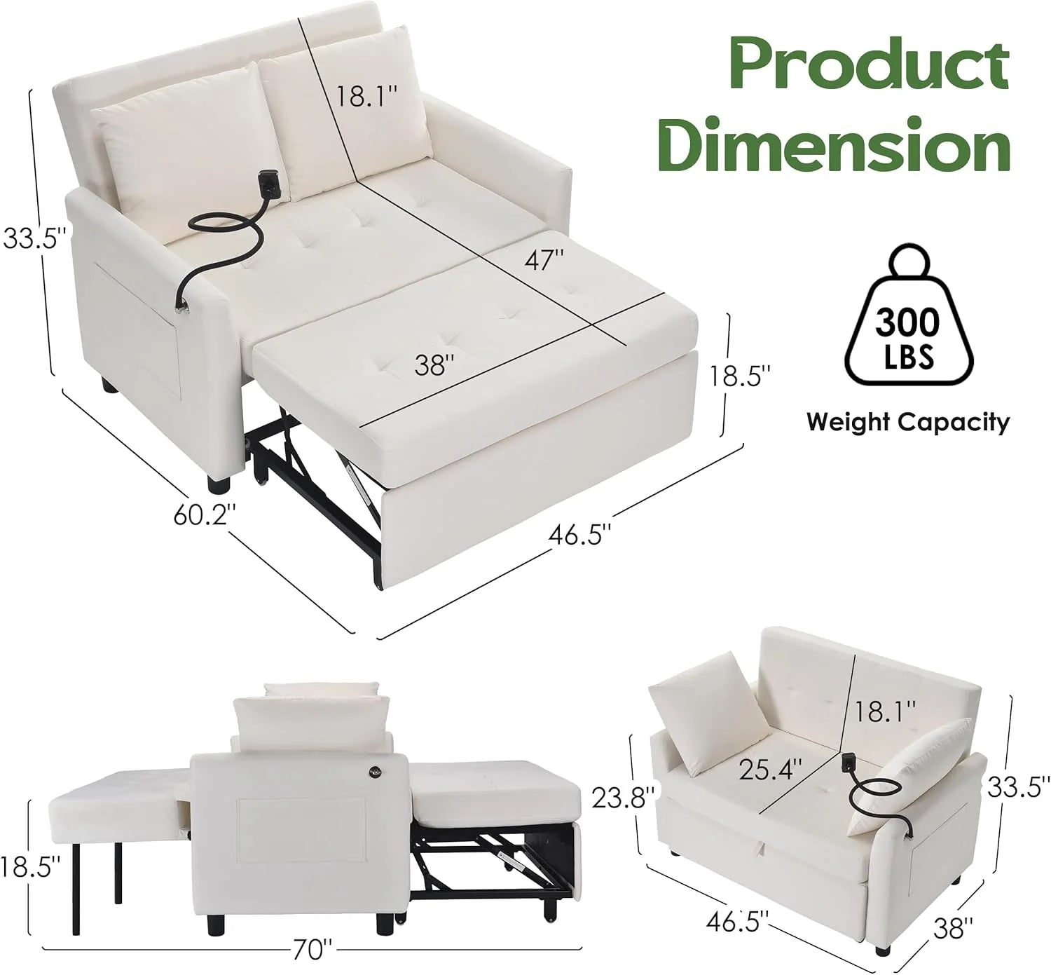 Sleeper Sofa Bed, 3 in 1 Convertible Sleeper Couch Bed Pull Out, Small Loveseat Sofa, Futon Sofa Bed Full Size, 46 Velvet Love Seat