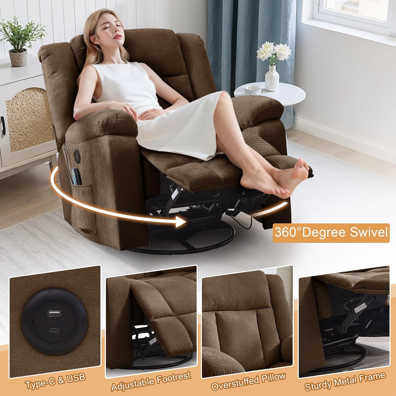 Rocker Recliner, Glider Recliner Chairs for Adults, 360�� Swivel Rocking Chair with Massage and Heating, Nursery Chair