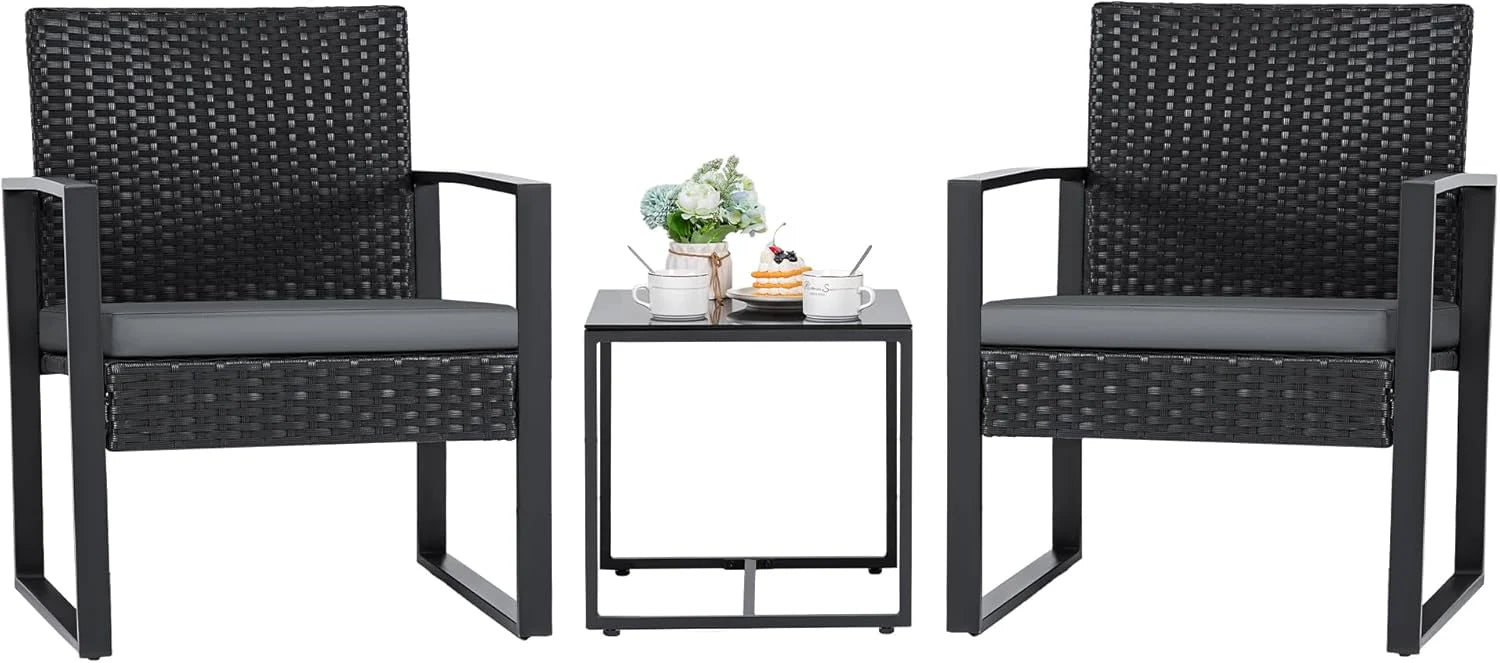 Flamaker 3 Pieces Outdoor Patio Wicker Furniture Set, Modern Rattan Chair Conversation Sets with Coffee Table for Yard and Bistro (Black)