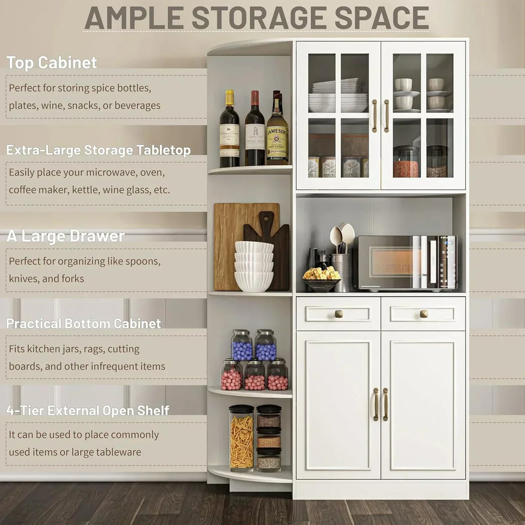 Kitchen Hutch Pantry Cabinet 71 Tall with Glass Doors