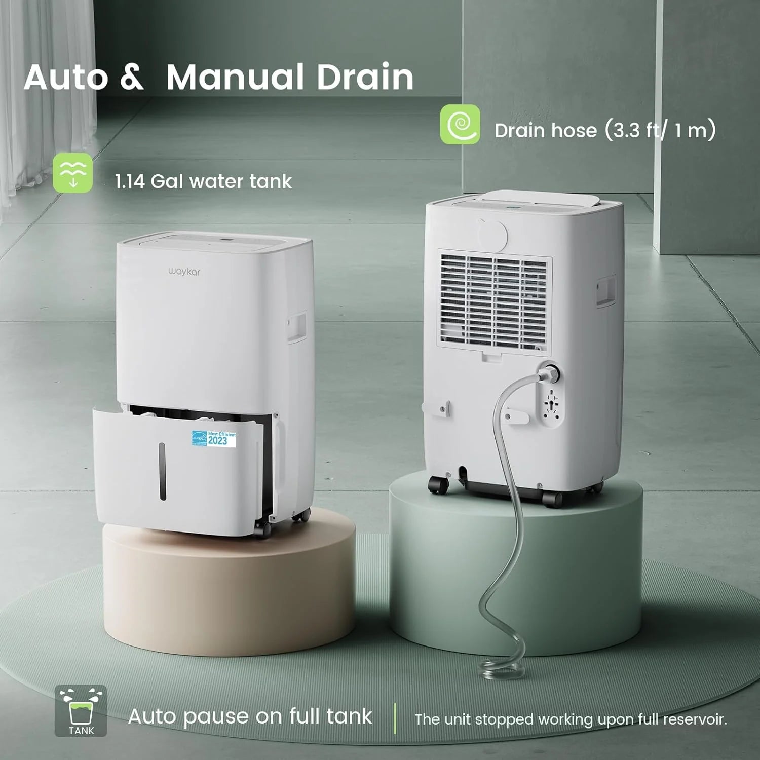 Waykar 2000 Sq. Ft Dehumidifier for Home and Basements, with Auto or Manual Drainage, 0.66 Gallon Water Tank Capacity