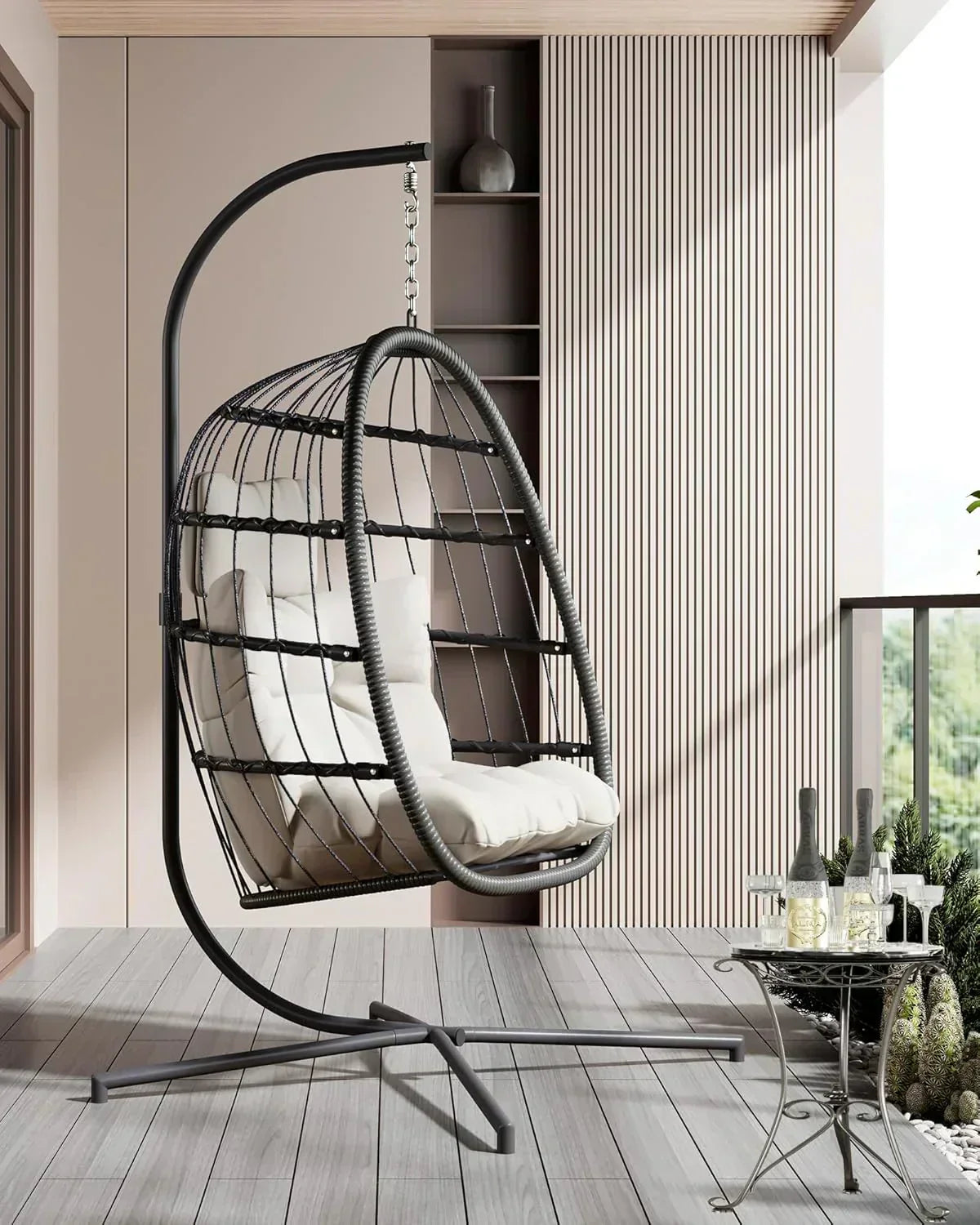 HWB Hanging Egg Chair with Stand Patio Wicker Hammock Egg Swing Chair Cushion for Bedroom