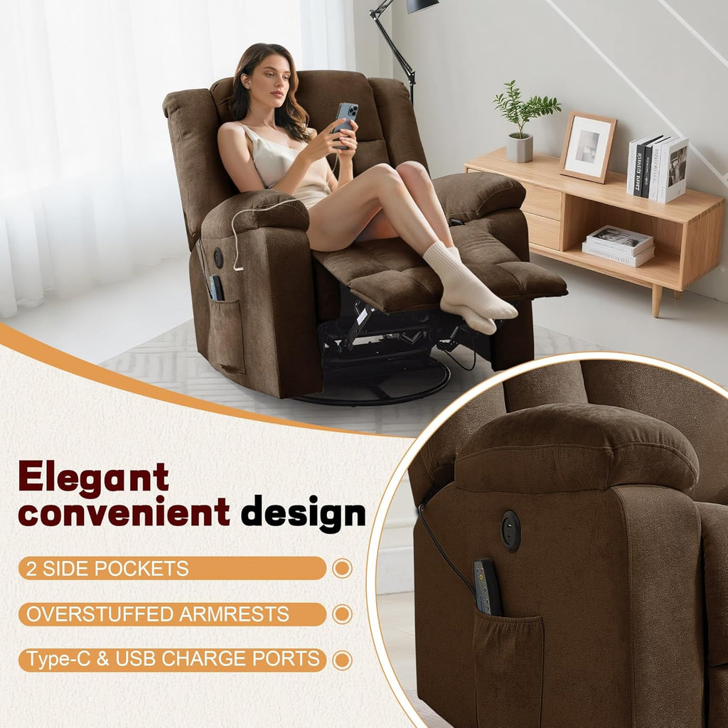 Rocker Recliner, Glider Recliner Chairs for Adults, 360�� Swivel Rocking Chair with Massage and Heating, Nursery Chair