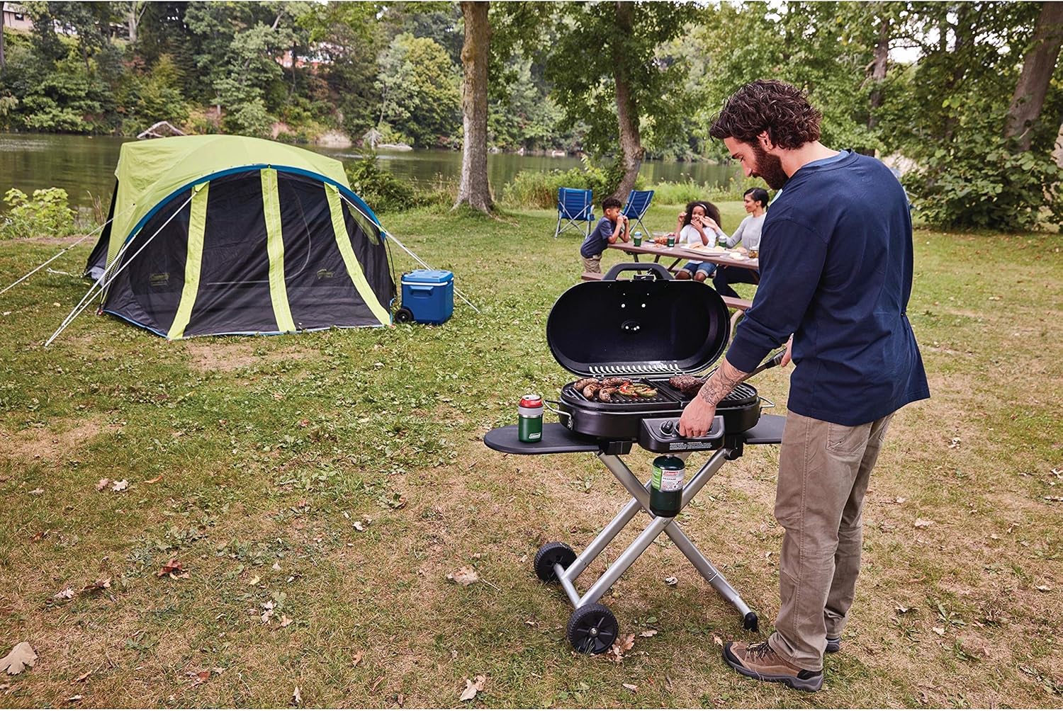 RoadTrip 285 Portable Stand-Up Propane Grill with 3 Adjustable Burners Instastart Ignition 20,000 BTUs