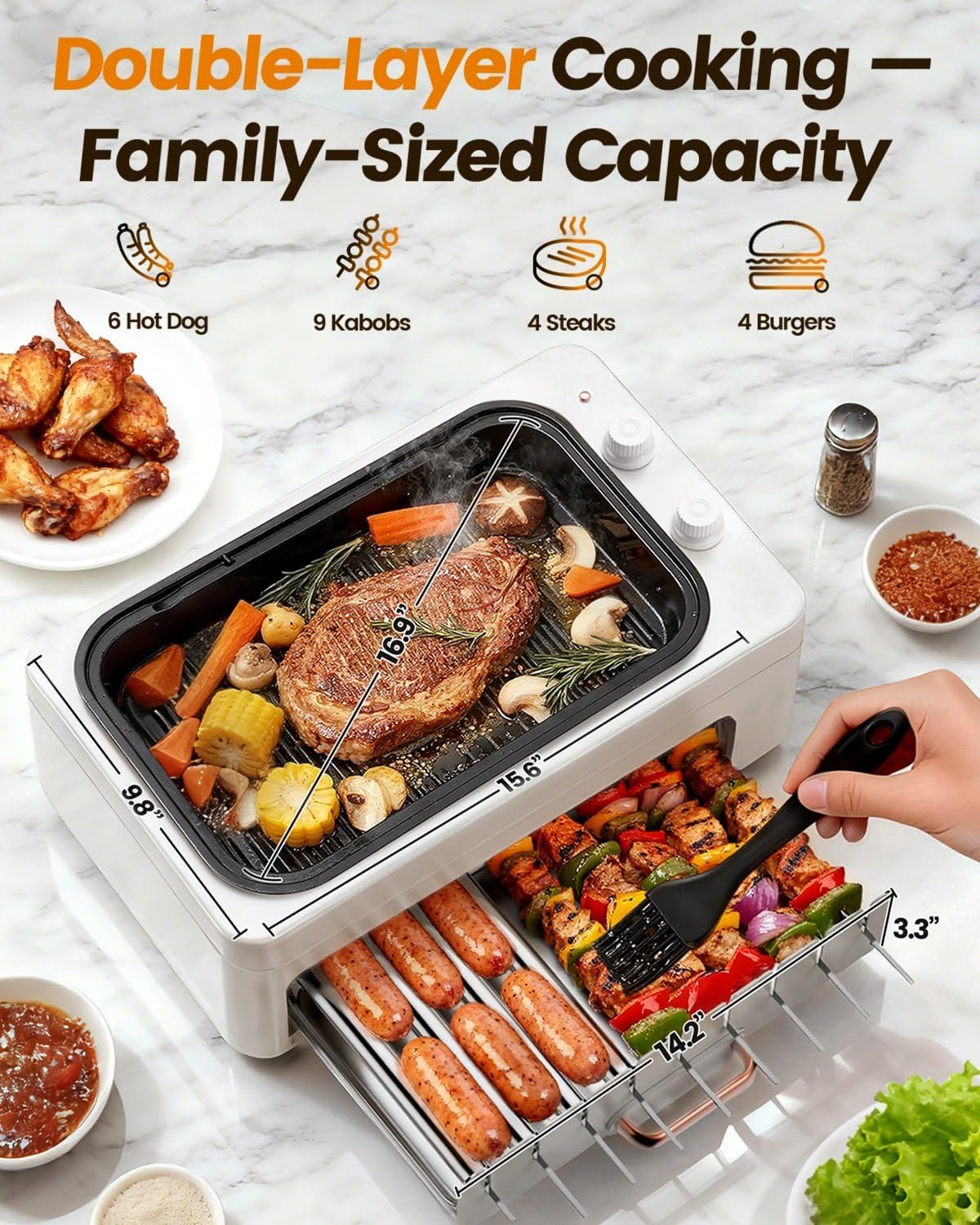 4-in-1 Electric Indoor Grill Smokeless for Home,Countertop Electric Grill with Removable Sizzling Grill Pan & Grate + Auto Rotating Kabob Skewers + Electric Hot Dog Roller Dual Zone Cook with Lid