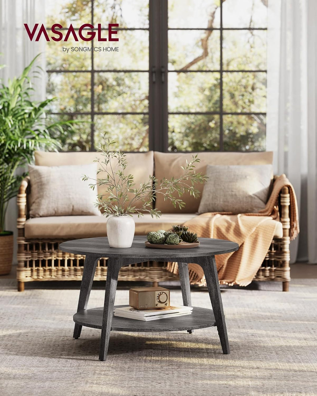 VASAGLE Round Coffee Table 2 Tier Coffee Table with Storage for Living Room 31.5 x 17.7 Inches