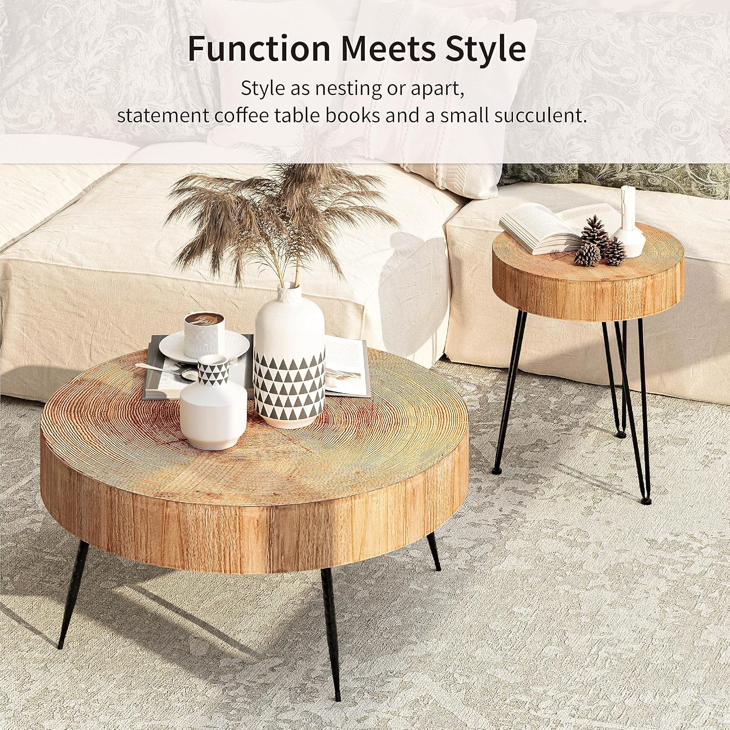 Two-Piece Modern Farmhouse Living Room Coffee Table Set Round Nesting Tables