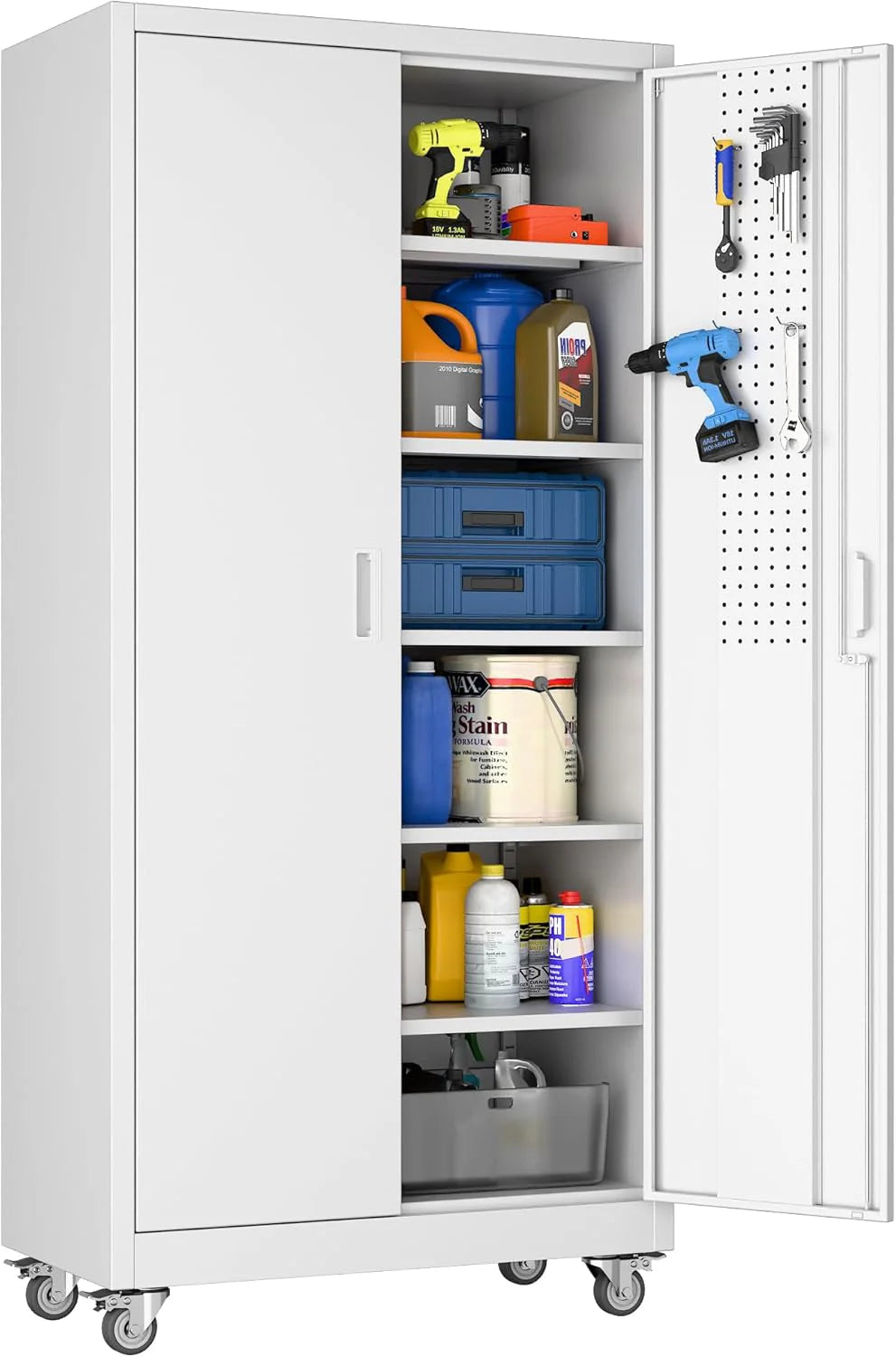 Metal Storage Cabinet with Pegboard 71'' x 34'' x 18'',Lockable Steel Storage Cabinet with 5 Adjustable Shelves and Door for Garage, Office, Kitchen, Assembly Required(Black)