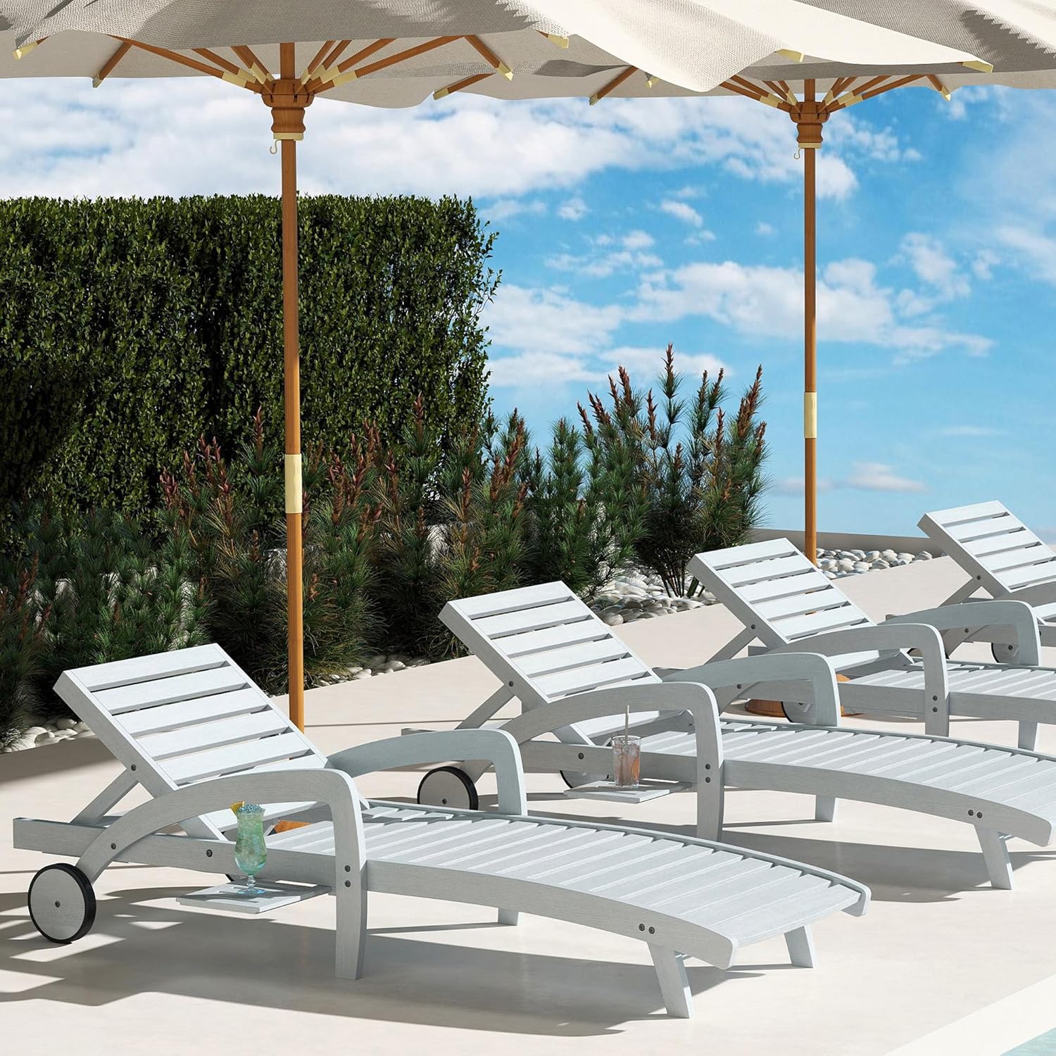 Pool Chaise Lounge Chairs Set of 4 5-Position Adjustable Outdoor Patio Lounge Chairs Wood Reclining Chaise Lounger Chair with Pullout Side Table