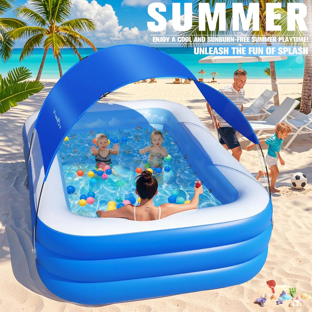 Inflatable Pool with Canopy,Upgraded Inflatable Swimming Pool for Kids,Adult,Large Inflatable Blow up Pools,Ocean Theme Oversized Thickened 105x75x25Inflatable Family Pools for Backyard-Blue