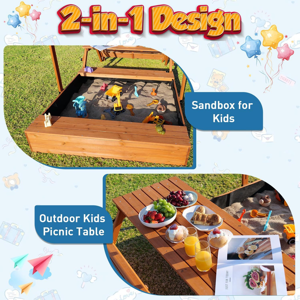 Wooden Kids Sandbox with Lid Outdoor Sand Box with Picnic Table Foldable Sandpit with Cover