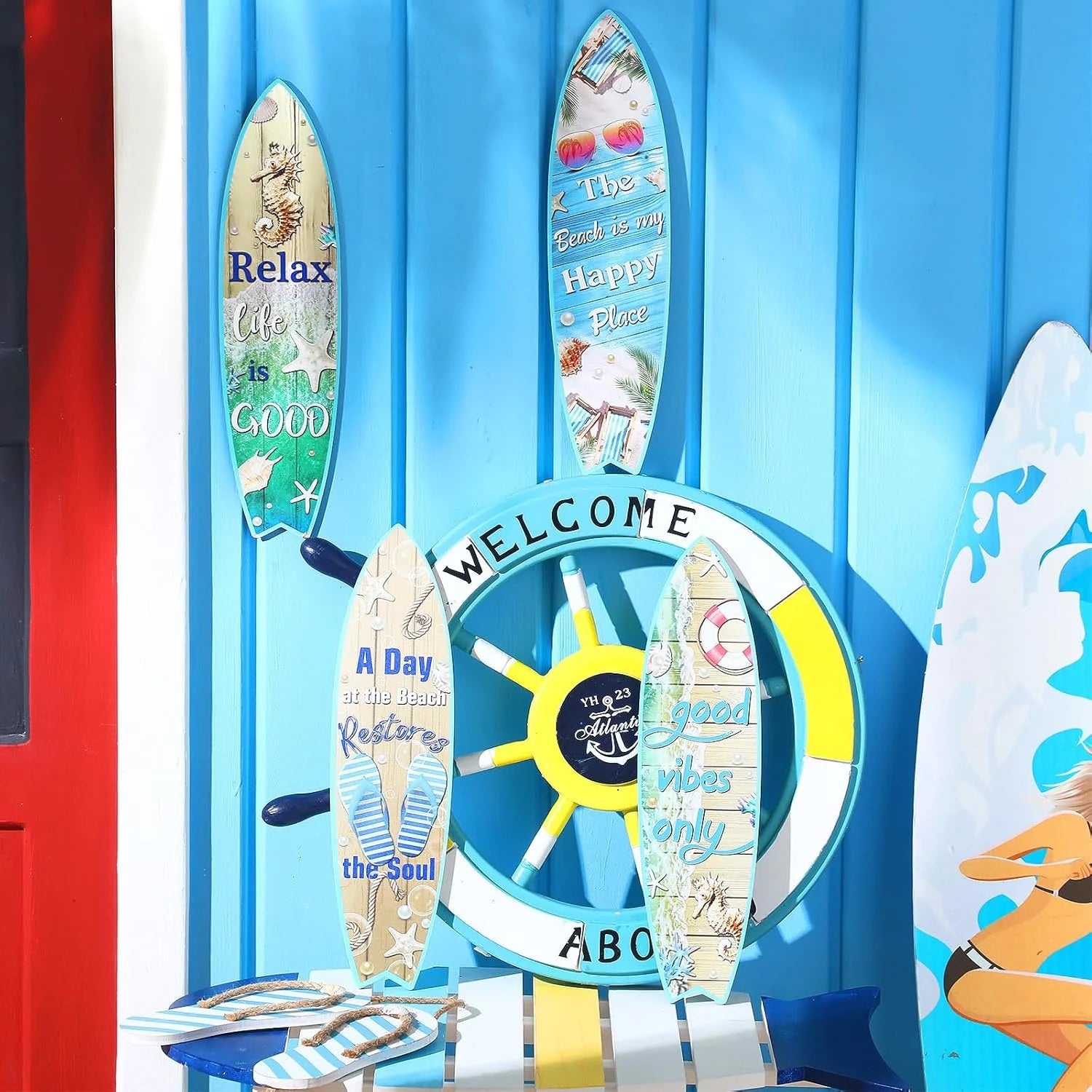 Blulu 4 Pcs Surfboard Wall Decor Surfboard Wall Hanging Sign Wooden Beach Decoration Summer Theme Decor Hawaiian Luau Party Decoration for Home Bar Aloha Tropical Birthday Party(Tiki)