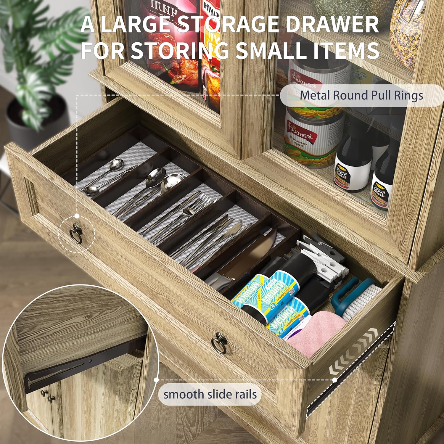 Kitchen Hutch Pantry Cabinet 71 Tall with Glass Doors