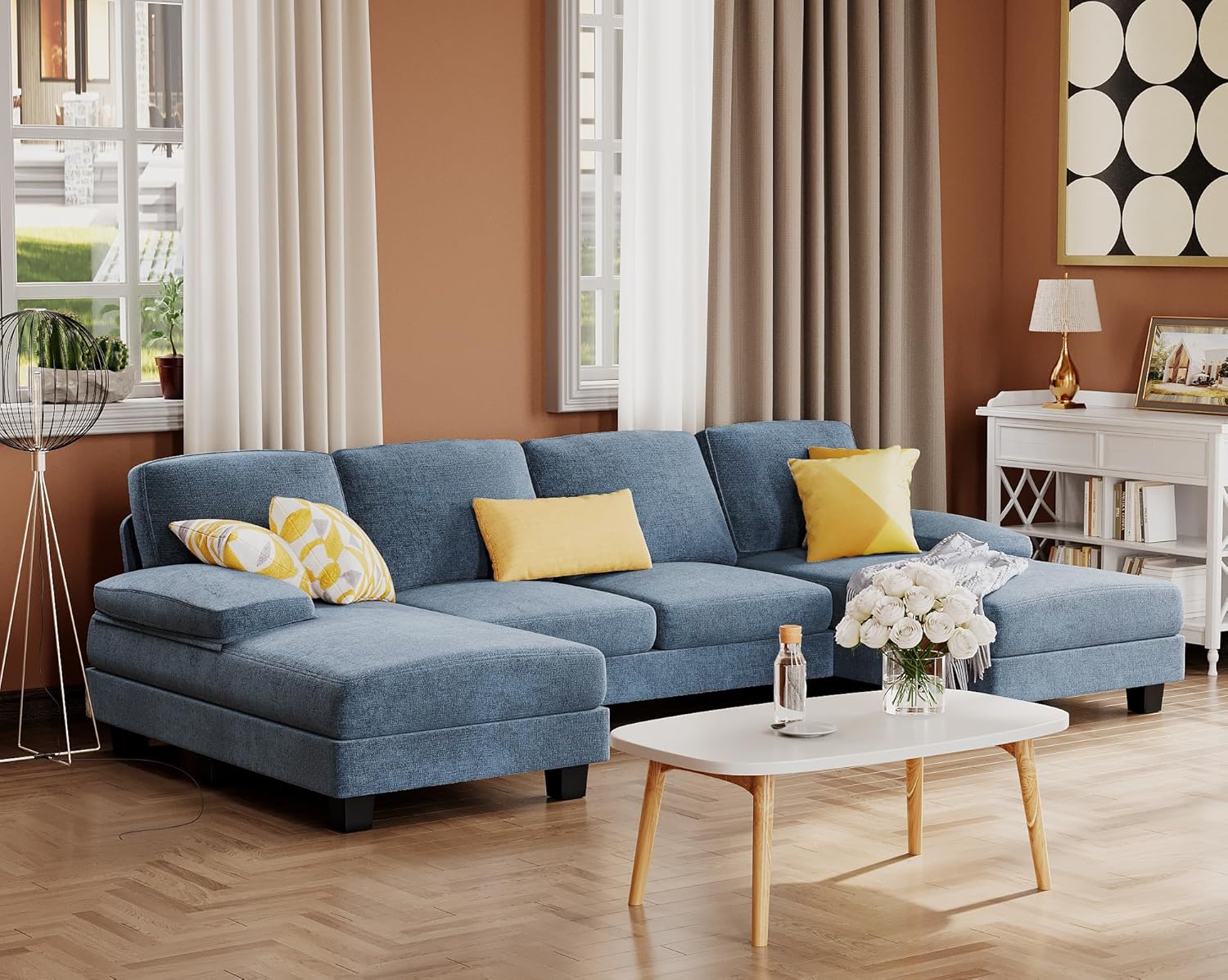 Furmax Sectional Couches for Living Room U-Shaped Sofa Couch Linen Fabric 4 Seat Sofa Set