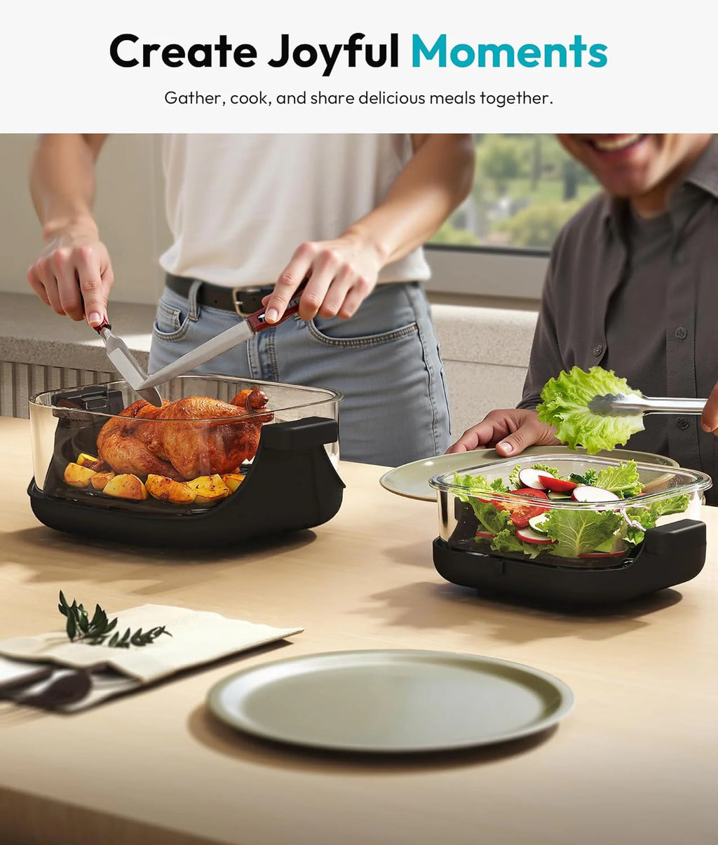 Rellytech Portable Glass Air Fryer - 1500W, 4.2 QT & 6-Cup Dual Glass Containers