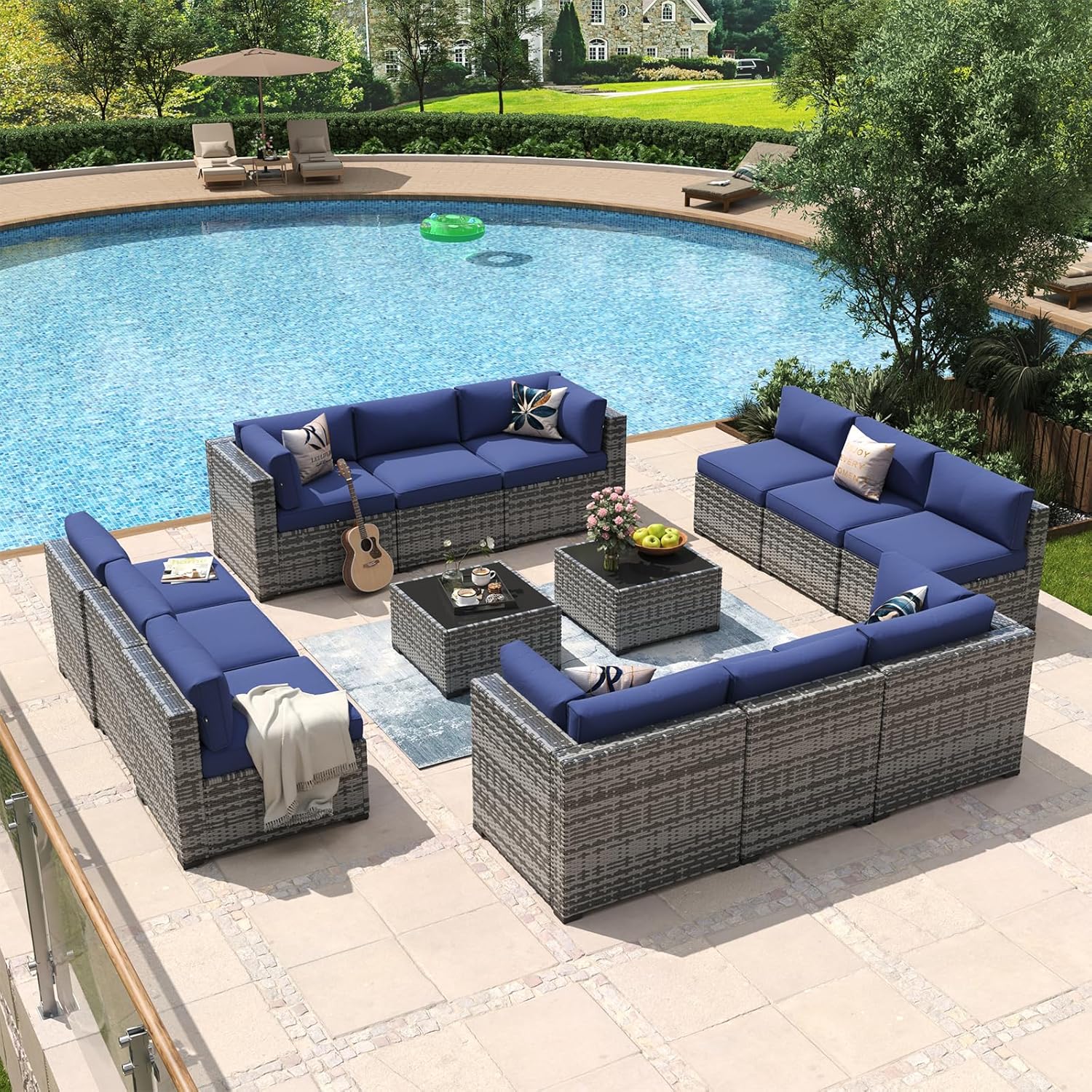 Aoxun 8 Piece Patio Furniture Set with 44?Fire Pit Table Wicker Rattan Outdoor Sectional Sofa Set with Coffee Table and Thickened Cushions, Beige (Waterproof Cover Included)