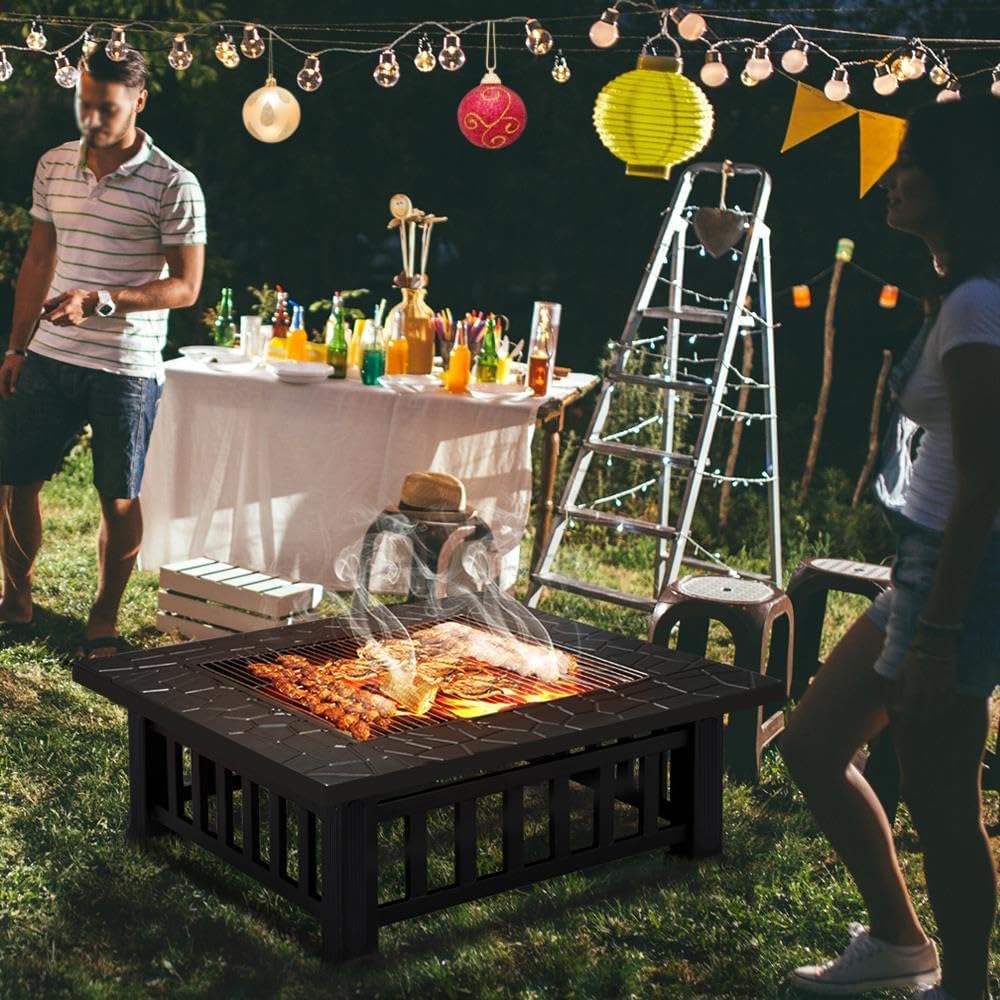 Yaheetech Multifunctional Fire Pit Table Square Metal Firepit Stove Backyard Patio Garden Fireplace