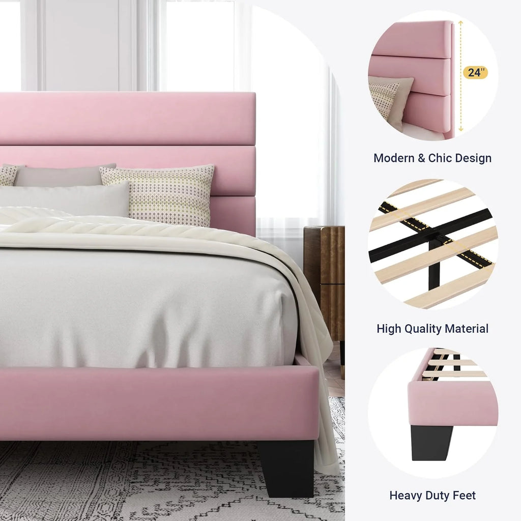 Allewie Queen Size Platform Bed Frame Fabric Upholstered Headboard Wooden Slats Support