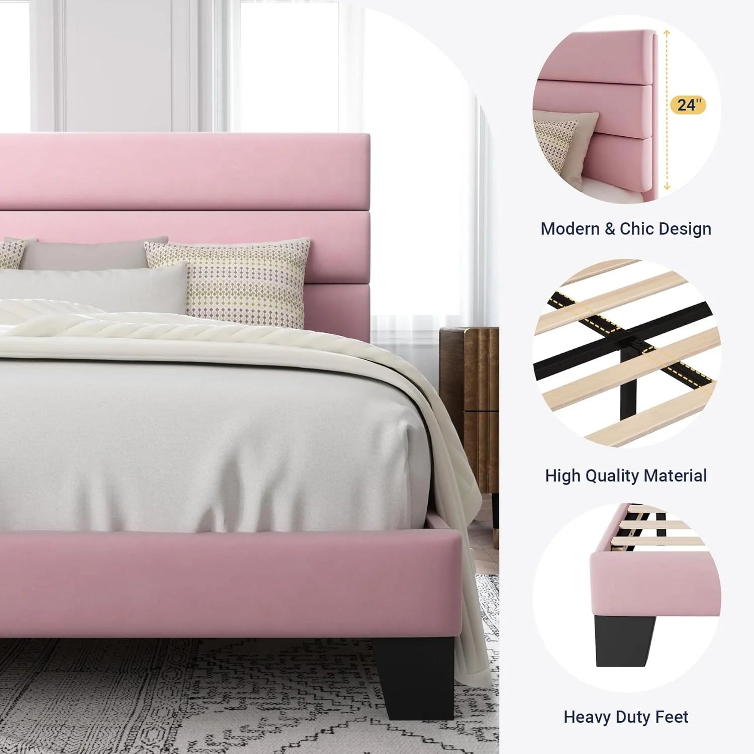 Allewie Queen Size Platform Bed Frame Fabric Upholstered Headboard Wooden Slats Support