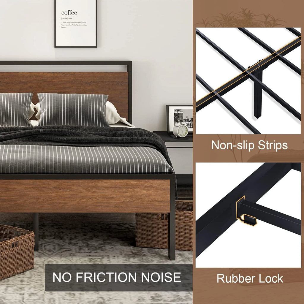 SHA CERLIN 14 Inch Queen Size Metal Platform Bed Frame with Wooden Headboard and Footboard