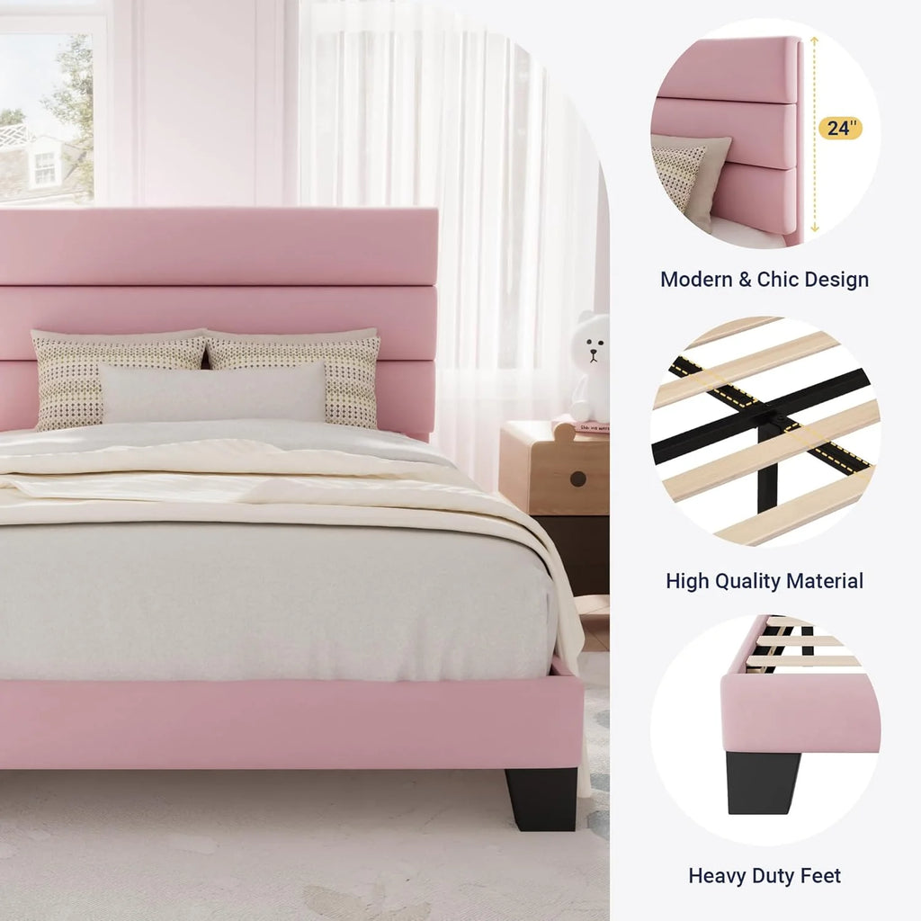 Allewie Queen Size Platform Bed Frame Fabric Upholstered Headboard Wooden Slats Support