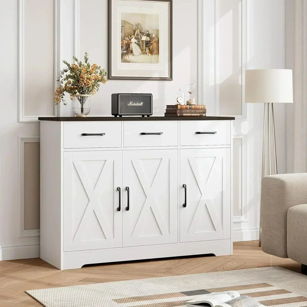 Modern farmhouse sideboard barn door buffet storage cabinet with drawers and shelves