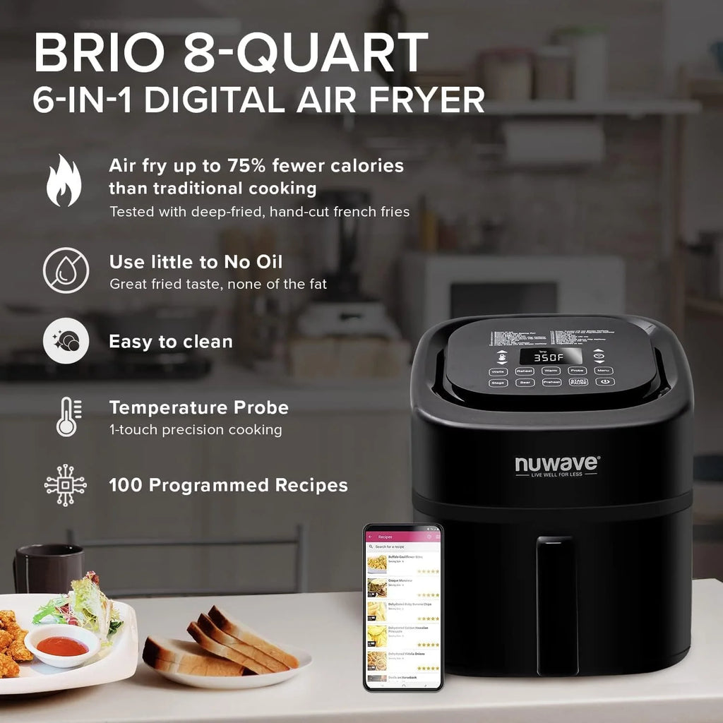 Nuwave Brio 15.5Qt Air Fryer/Oven quickly reheats, bakes, and dehydrates food with a temperature control range of 50��-425��F 1800W.