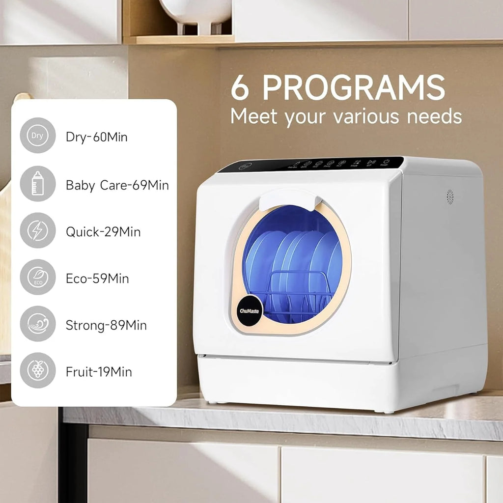 Mini countertop dishwasher. Compact dishwasher with drying function. Double spray arms. Portable countertop dishwasher