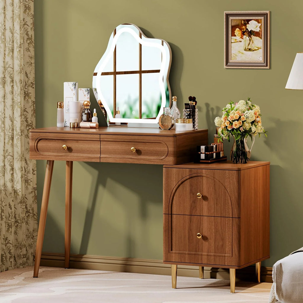 Walnut Stylish Corner Makeup Vanity Table，Vanity Desk with Lighted Mirror
